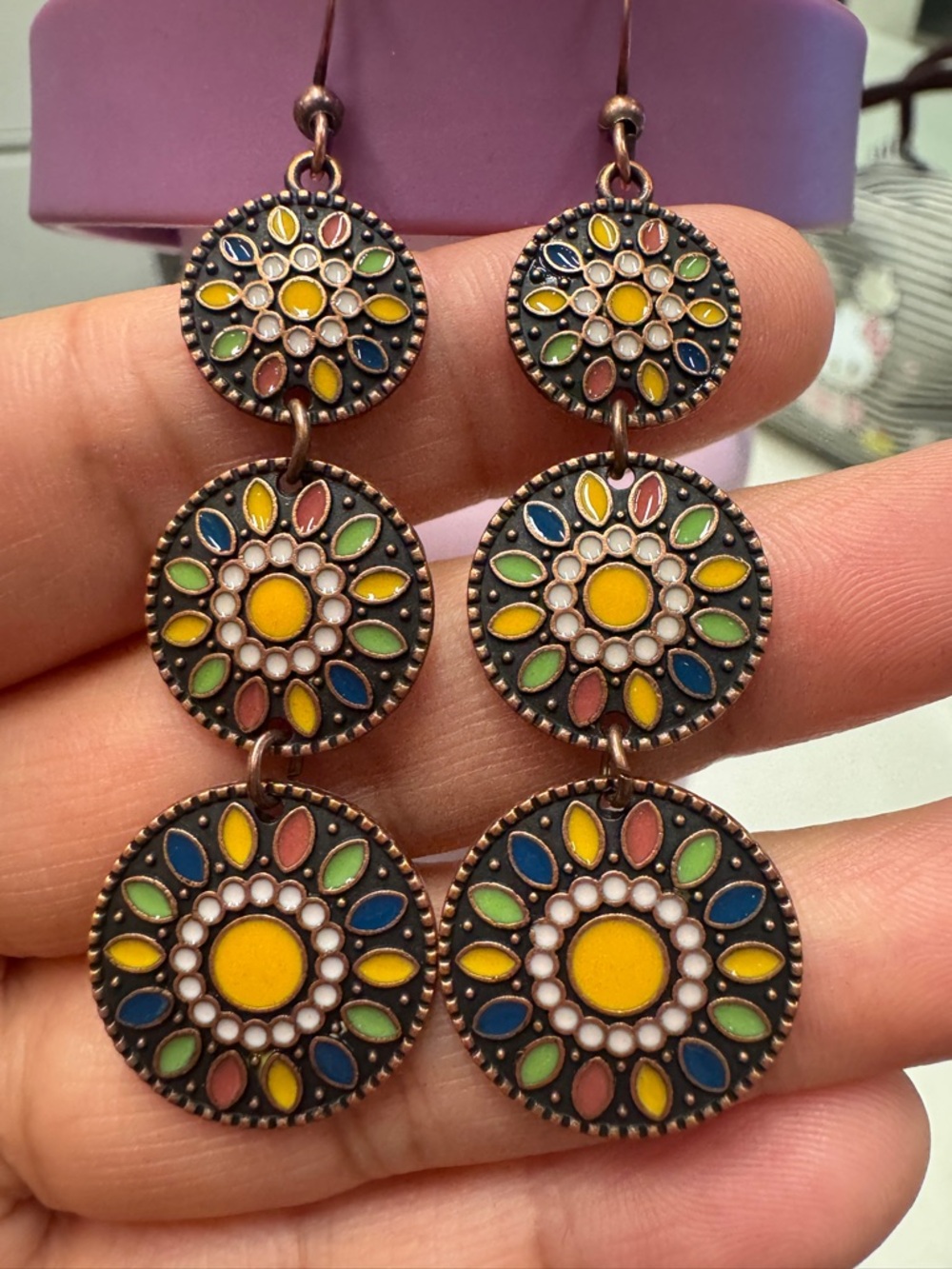 Multi-Color Floral Drop Earrings - Yellow Center - Picture 2 of 6